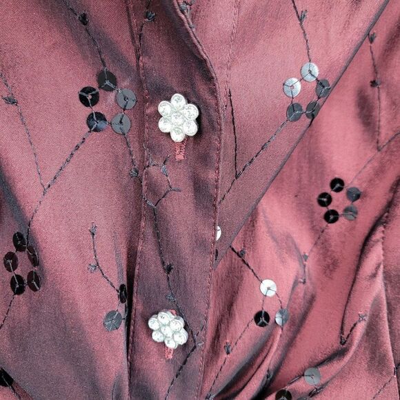 Vintage 90s Cachet Blouse 14 Oxblood Sequin Embroidered Rhinestone Buttons Glam - Picture 6 of 10